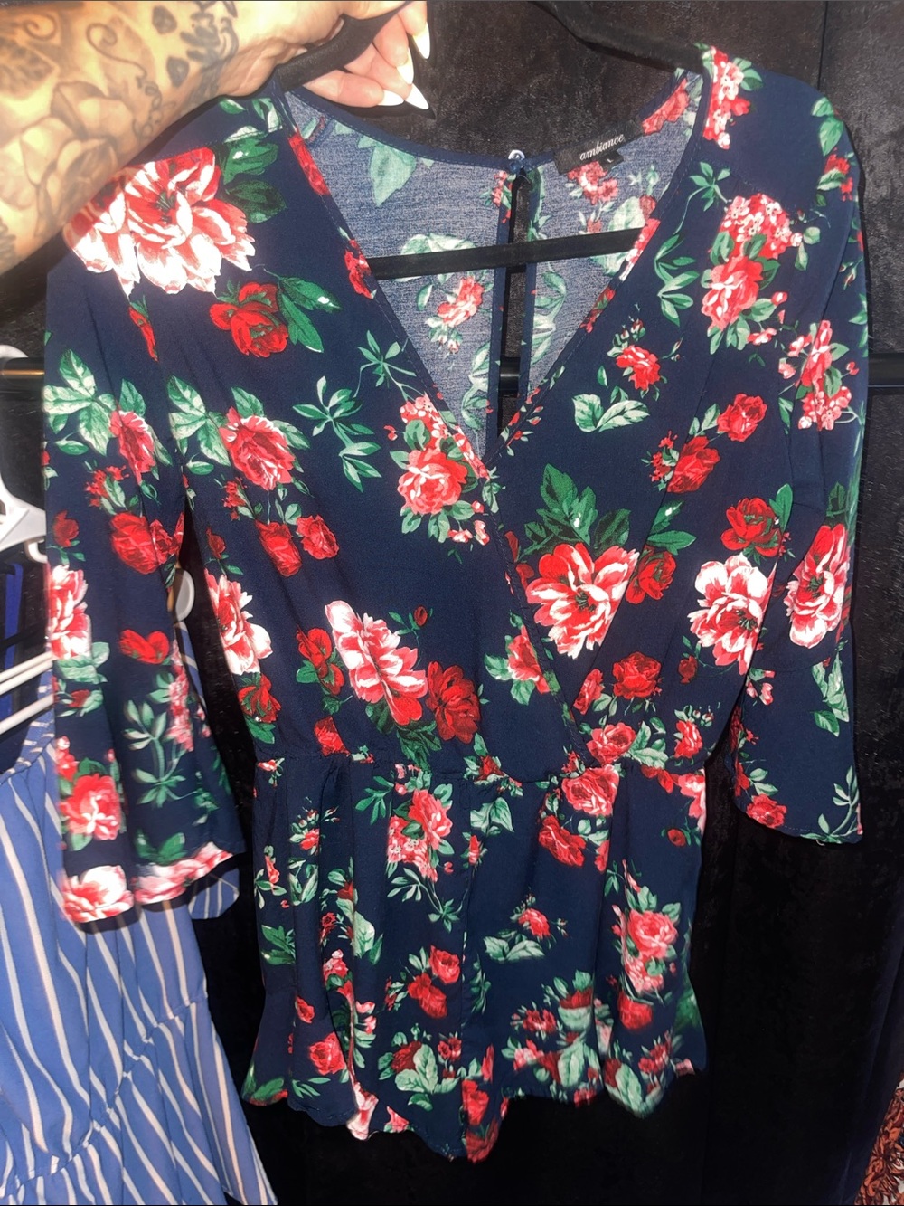 Ambiance Navy Long-Sleeve Dress with Red Rose Print